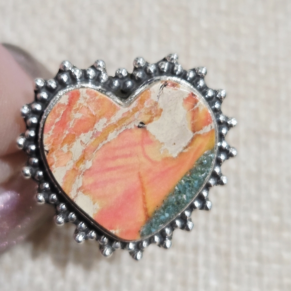 Heart-Shaped Silver and Sea Sediment Jasper Stone Ring - Picture 2 of 3